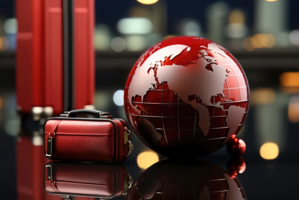 Red globe with white world map detailing beside a small red travel case, reflected on a glossy surface with blurred city lights in the background.