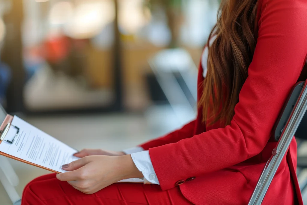 Close-up of a woman in a red suit sitting on a chair and reviewing a document on a clipboard.