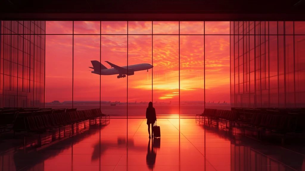 Silhouette of a traveler with a suitcase standing in an airport terminal, watching an airplane take off against a vivid orange and red sunset through large glass windows.