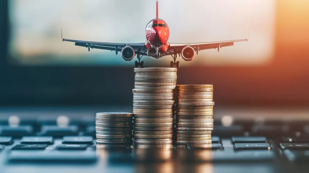 Red commercial airplane landing on stacked coins placed on a laptop keyboard, symbolizing airline costs, travel expenses, and financial analytics in the aviation industry.