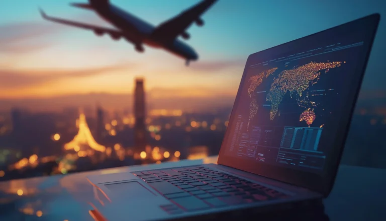 A conceptual image representing global travel analytics and technology. A laptop sits in the foreground displaying a glowing digital world map and data dashboard. In the blurred background, an airplane flies over a city skyline at sunset, with golden city lights reflecting a high-tech, connected atmosphere.