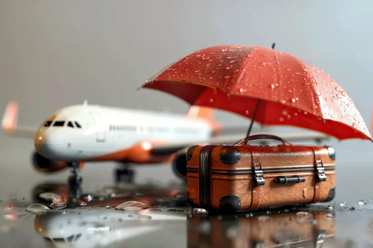 **Alt Text:** A metaphorical image representing travel insurance and risk management. A small red umbrella covered in raindrops provides cover for a miniature vintage brown suitcase. In the soft-focus background, a model airplane is visible on a wet, reflective surface, symbolizing protection and safety for travelers during unpredictable conditions. --- That’s a clever visual for 